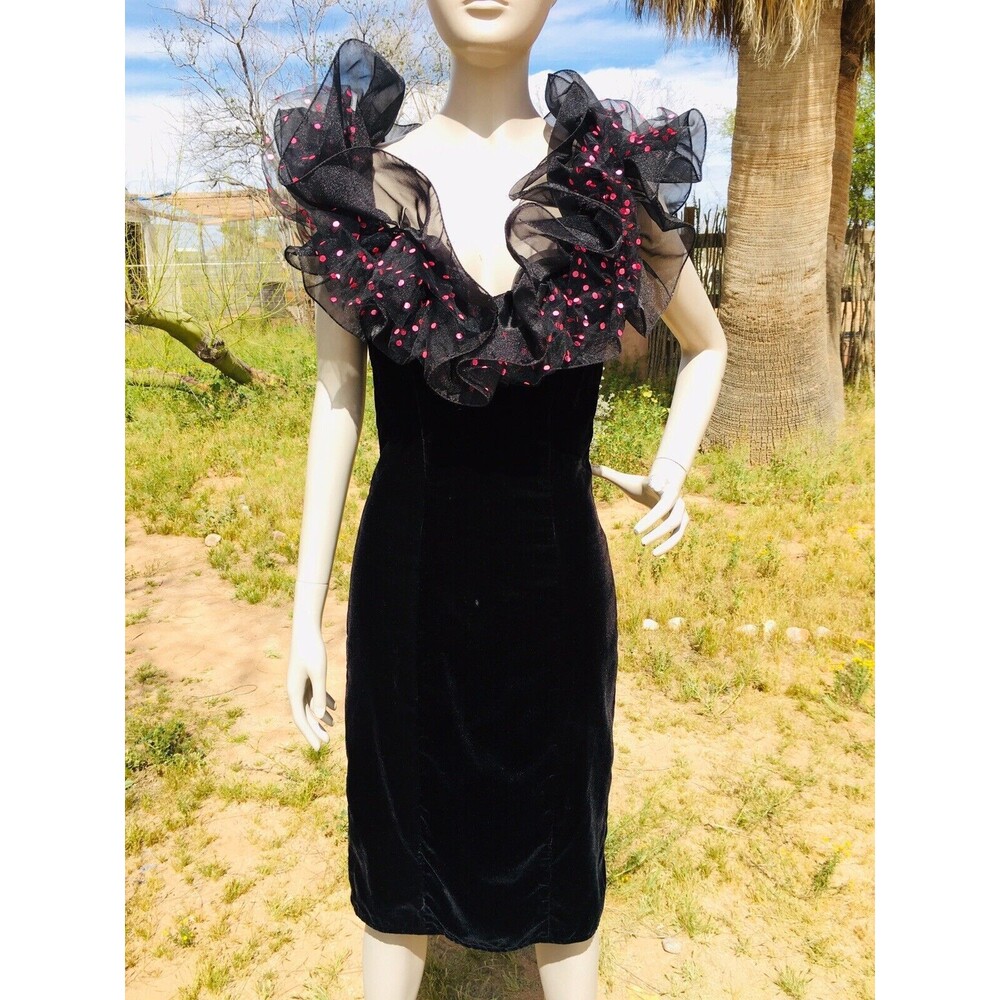 VTG 90s LORALIE Velvet Wiggle Pencil Dress Avant Garde Puffy Tulle Ruffle Sleeve